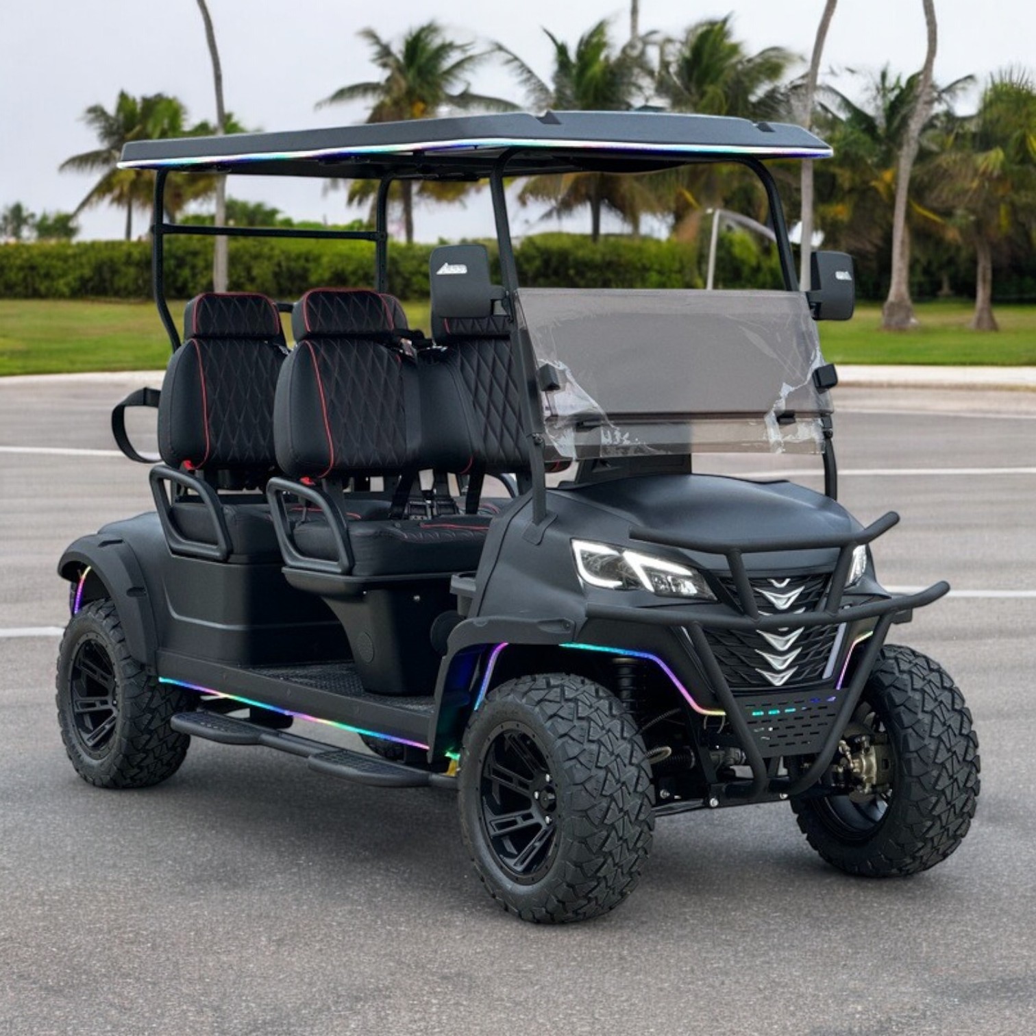 Luxury black golf cart with LED accents and black interior