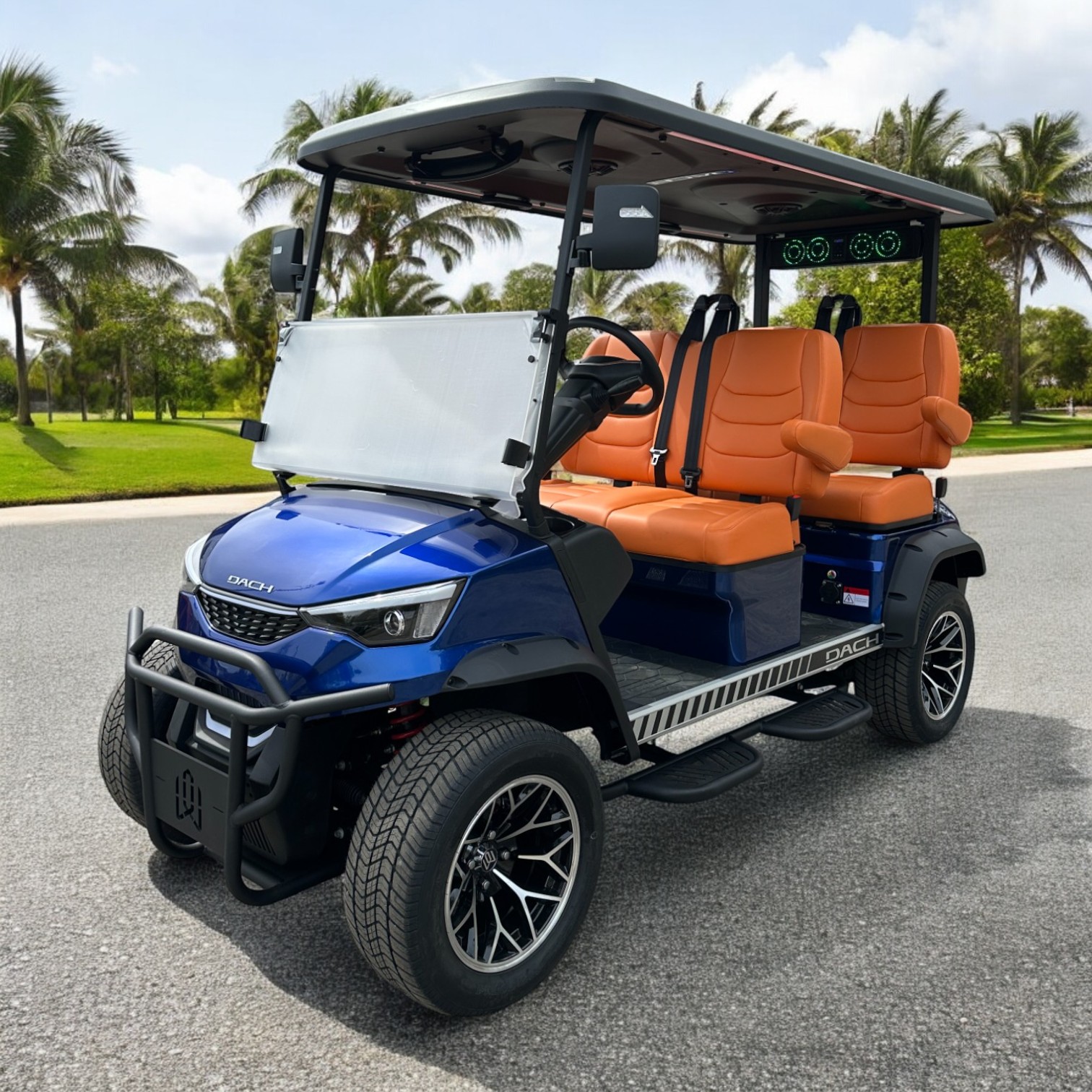 Blue golf cart with orange premium leather seating